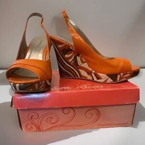 Charlotte Russe Orange and Brown Wedges Sandals Shoes Slip On SZ 8 ~GC~ w/Box